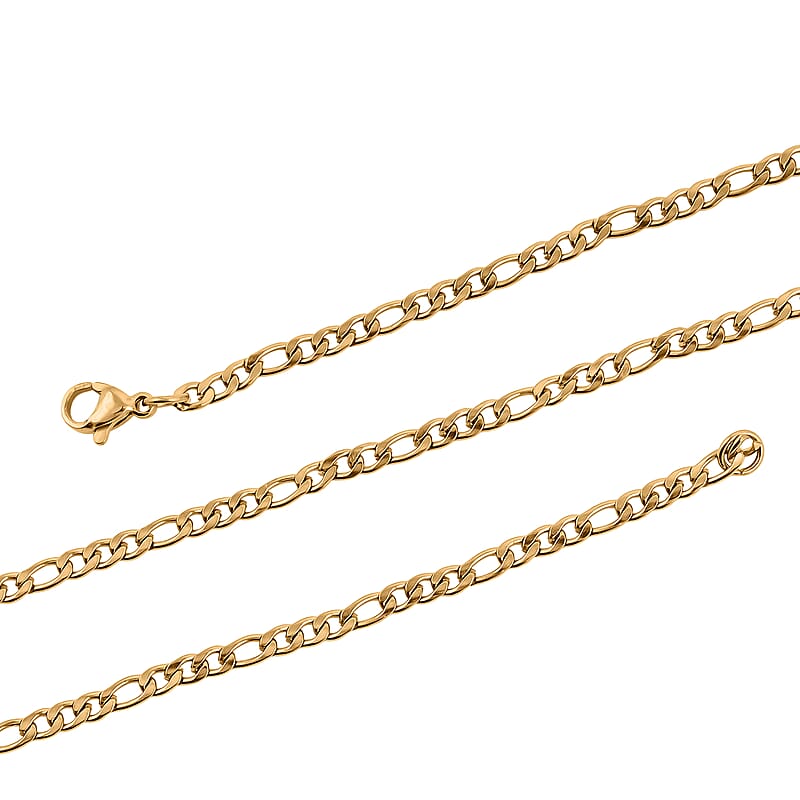 Set of 5 Figaro, Curb, Popcorn, Bismark and Box Chains 20 Inches in ION Plated Yellow Gold Stainless Steel