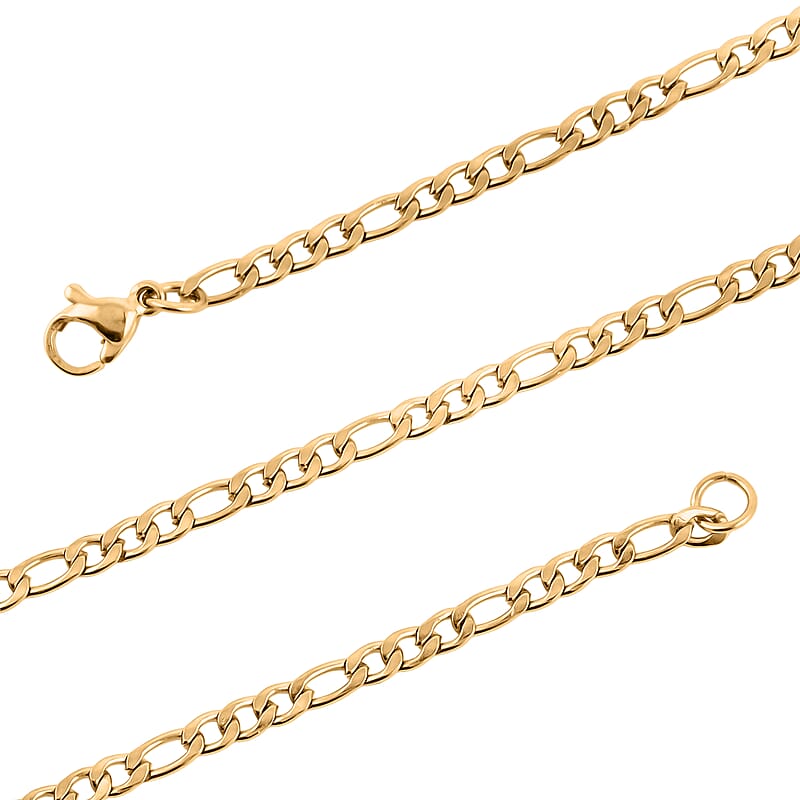 Set of 5 Figaro, Curb, Popcorn, Bismark and Box Chains 20 Inches in ION Plated Yellow Gold Stainless Steel