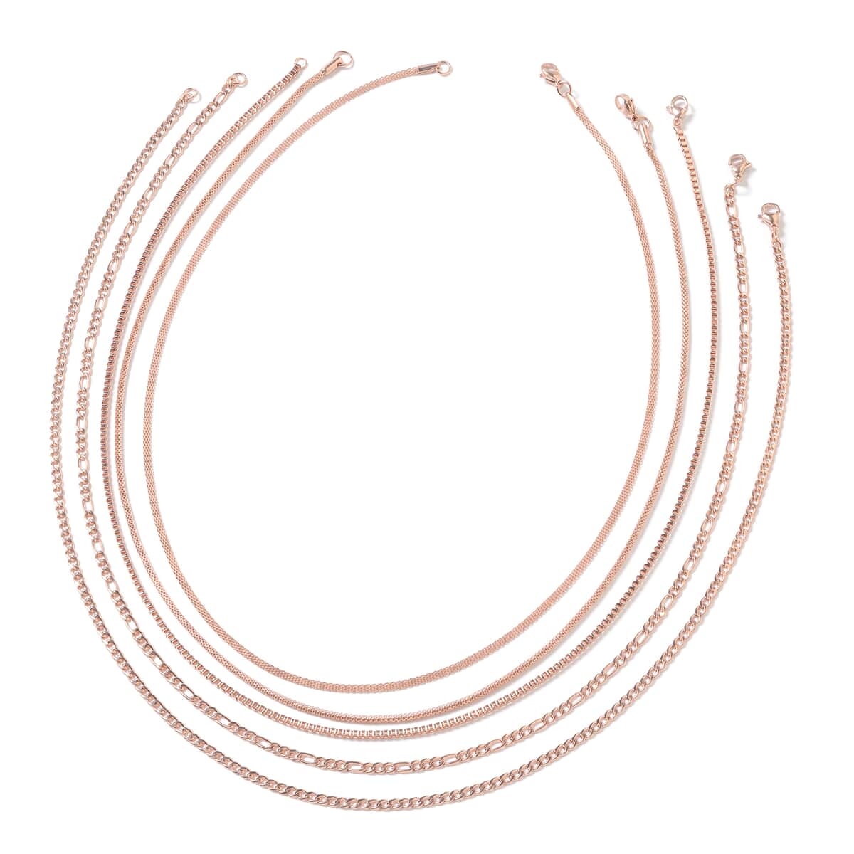Set of 5 Figaro, Flat Curb, Popcorn, Bismark and Box Chain 20 Inches in ION Plated Rose Gold Stainless Steel image number 0