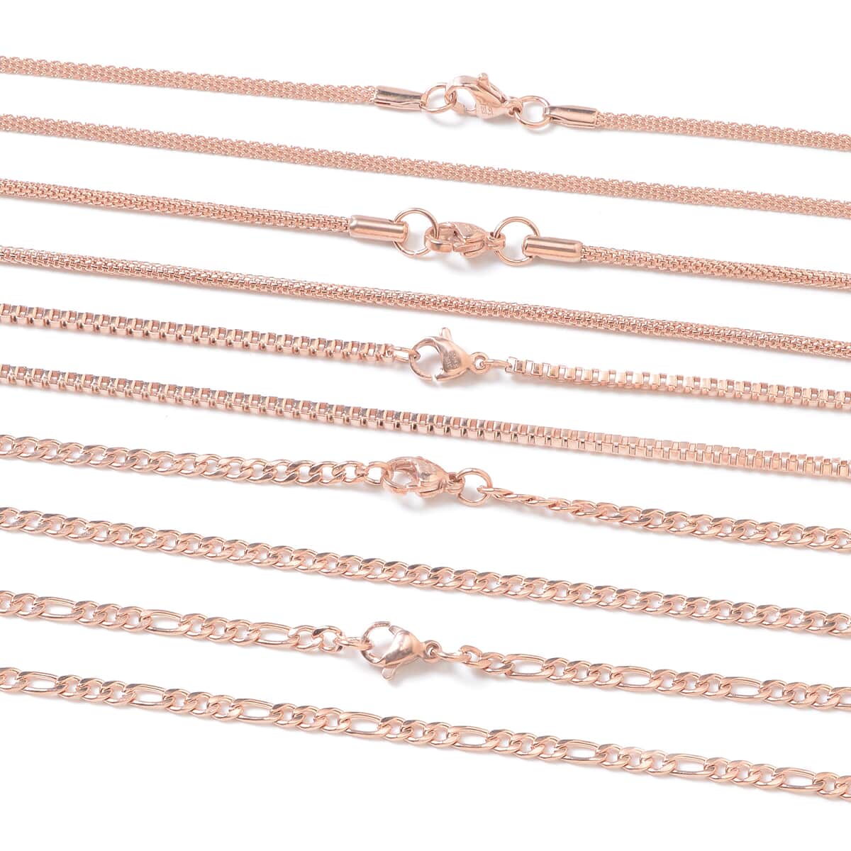 Set of 5 Figaro, Flat Curb, Popcorn, Bismark and Box Chain 20 Inches in ION Plated Rose Gold Stainless Steel image number 1