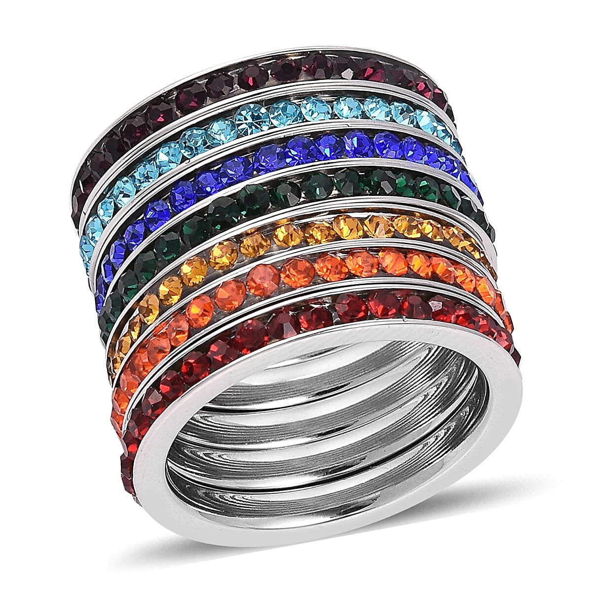 Set of 7 Multi Color Austrian Crystal Stackable Band Rings in Stainless Steel (Size 6)