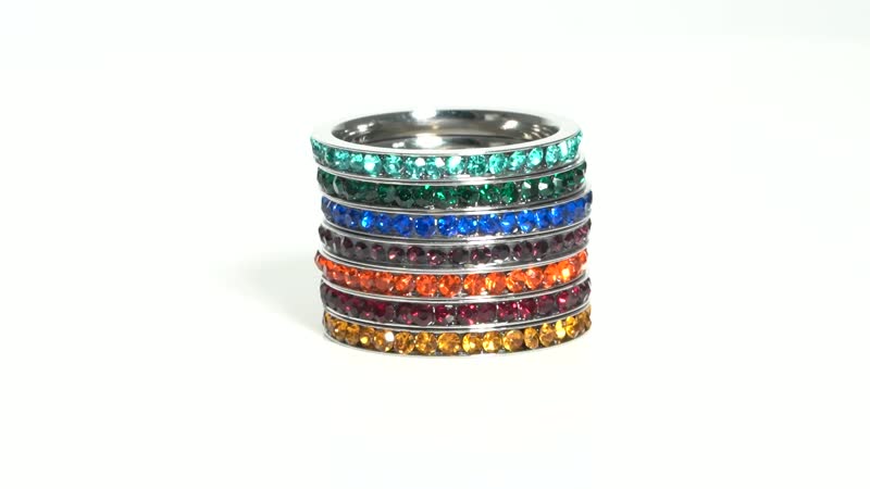 Set of 7 Multi Color Austrian Crystal Stackable Band Rings in Stainless Steel