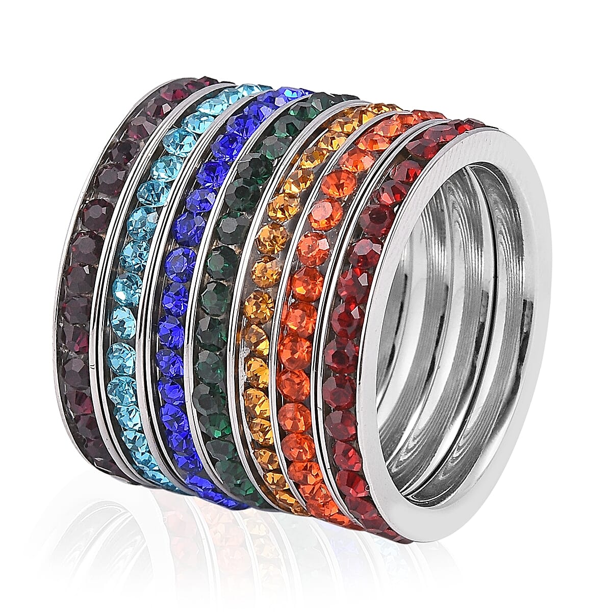 Set of 7 Multi Color Austrian Crystal Stackable Band Rings in Stainless Steel (Size 6)
