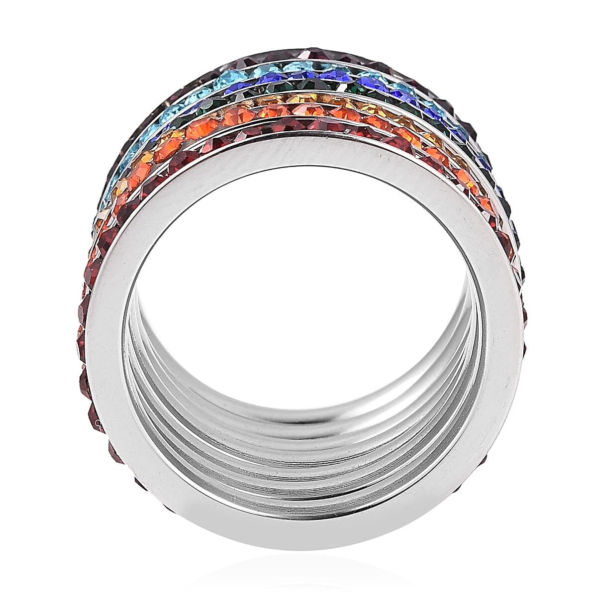 Set of 7 Multi Color Austrian Crystal Stackable Band Rings in Stainless Steel (Size 6)