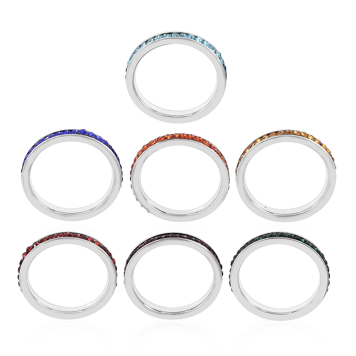 Set of 7 Multi Color Austrian Crystal Stackable Band Rings in Stainless Steel (Size 6)