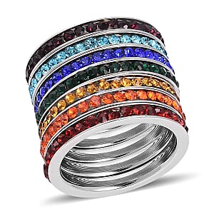 Set of 7 Multi Color Austrian Crystal Stackable Band Rings in Stainless Steel (Size 7)
