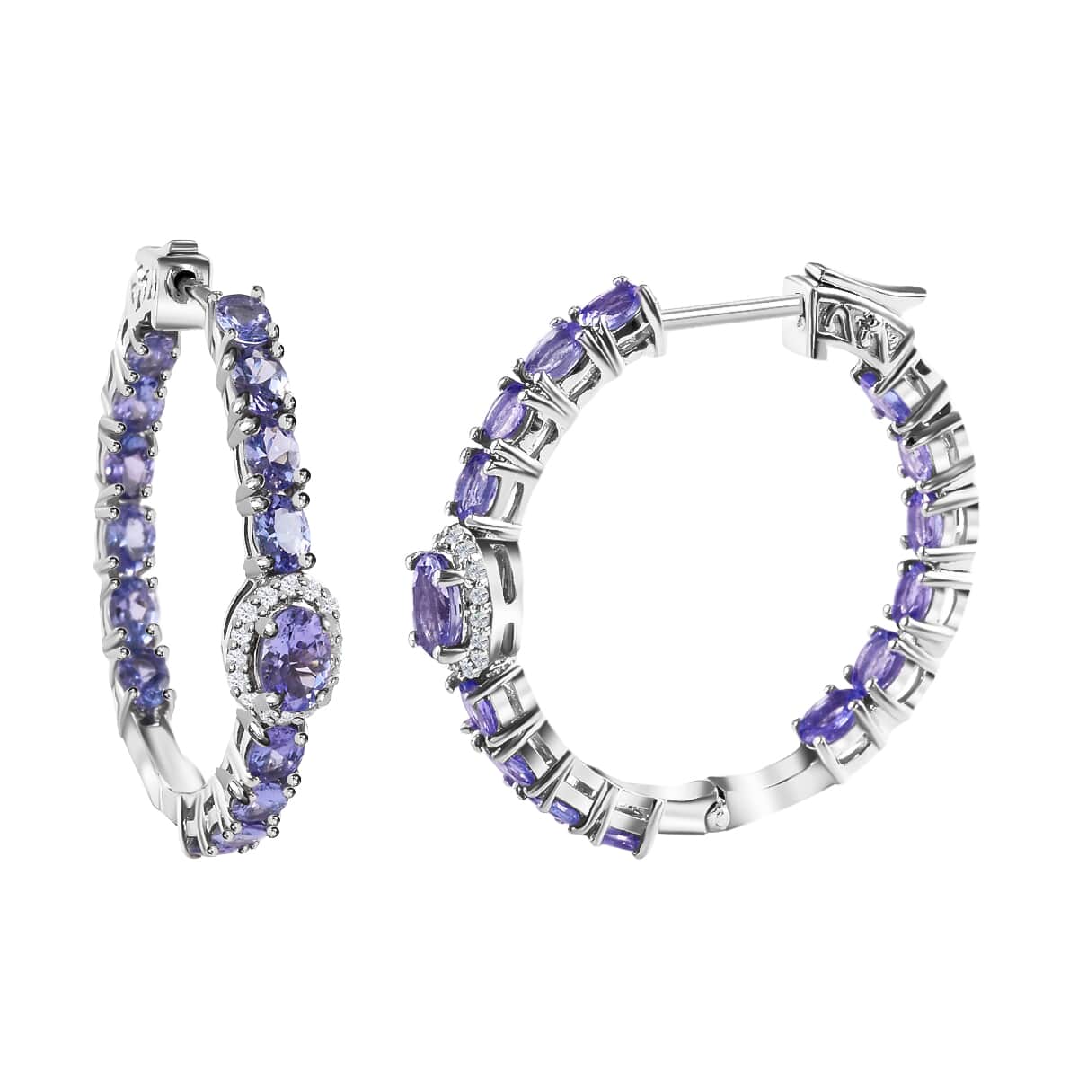 Tanzanite Zircon Earrings in Platinum Over Sterling Silver, Inside Out Latch Back Hoops, Anniversary Gifts 6.35 ctw image number 0