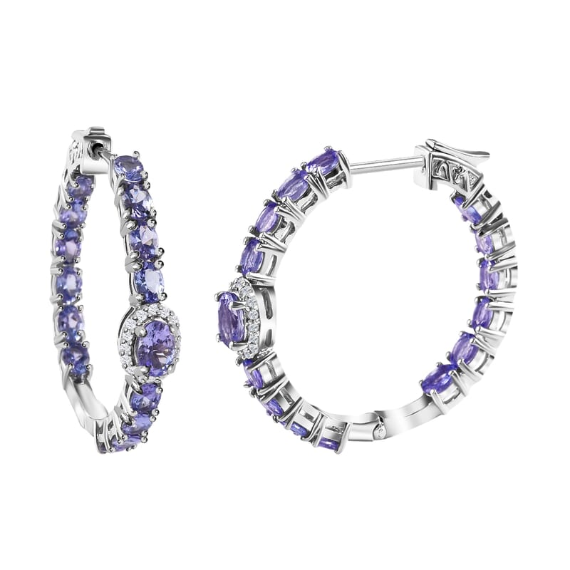 D'Joy Tanzanite Zircon Earrings in Platinum Over Sterling Silver, Inside Out Latch Back Hoops, Anniversary Gifts 6.35 ctw