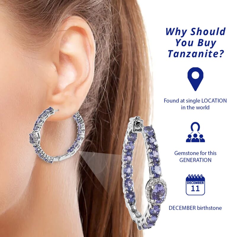 D'Joy Tanzanite Zircon Earrings in Platinum Over Sterling Silver, Inside Out Latch Back Hoops, Anniversary Gifts 6.35 ctw