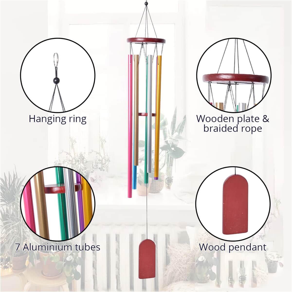 Multi Color 7 Tubes Wooden Wind Chime in Silvertone (37 in) image number 2