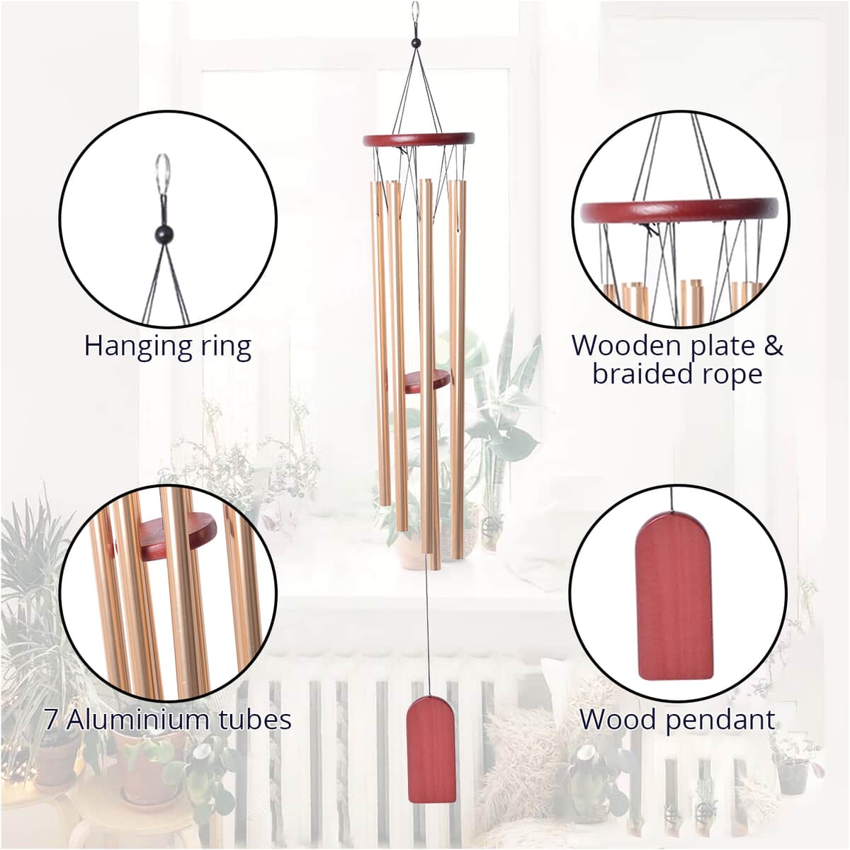 7 Tubes Wooden Wind Chime in Rosetone image number 2