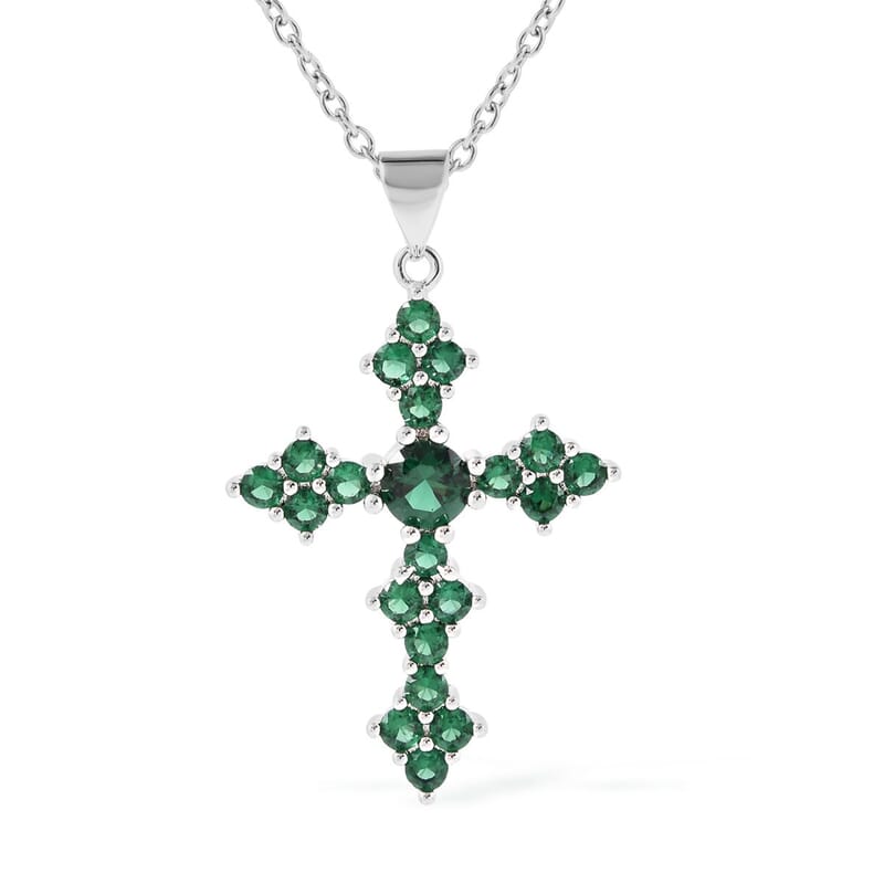 Simulated Green Diamond Cross Pendant in Silvertone with Stainless Steel Necklace 20 Inches