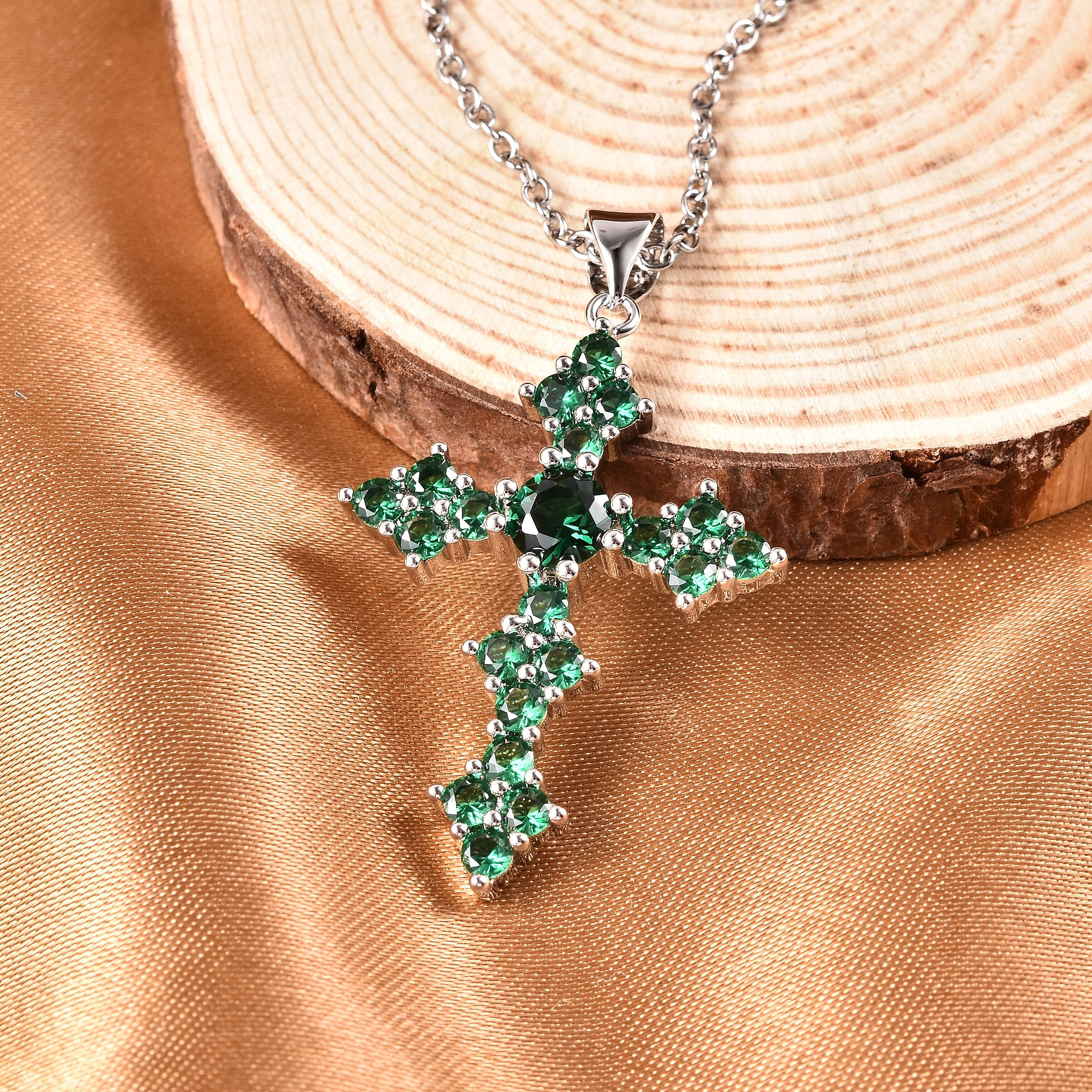 Simulated Green Diamond Cross Pendant in Silvertone with Stainless Steel Necklace 20 Inches