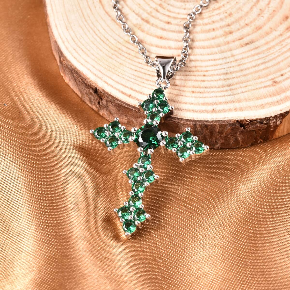 Simulated Green Diamond Cross Pendant in Silvertone with Stainless Steel Necklace 20 Inches image number 1