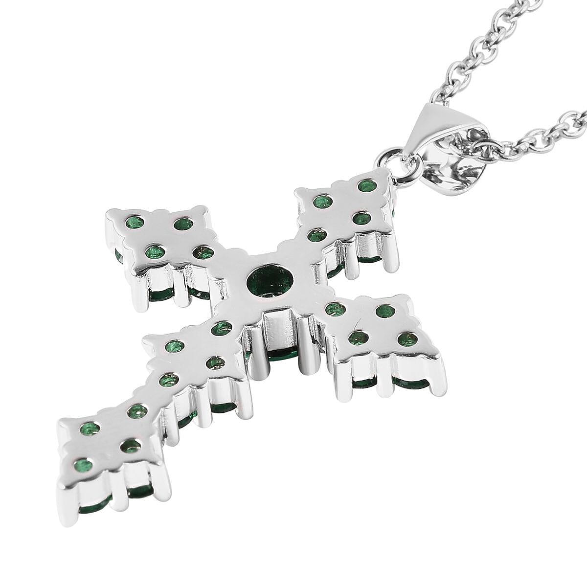 Simulated Green Diamond Cross Pendant in Silvertone with Stainless Steel Necklace 20 Inches