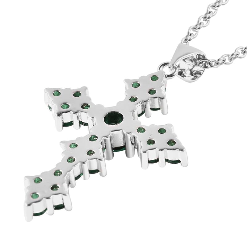 Simulated Green Diamond Cross Pendant in Silvertone with Stainless Steel Necklace 20 Inches