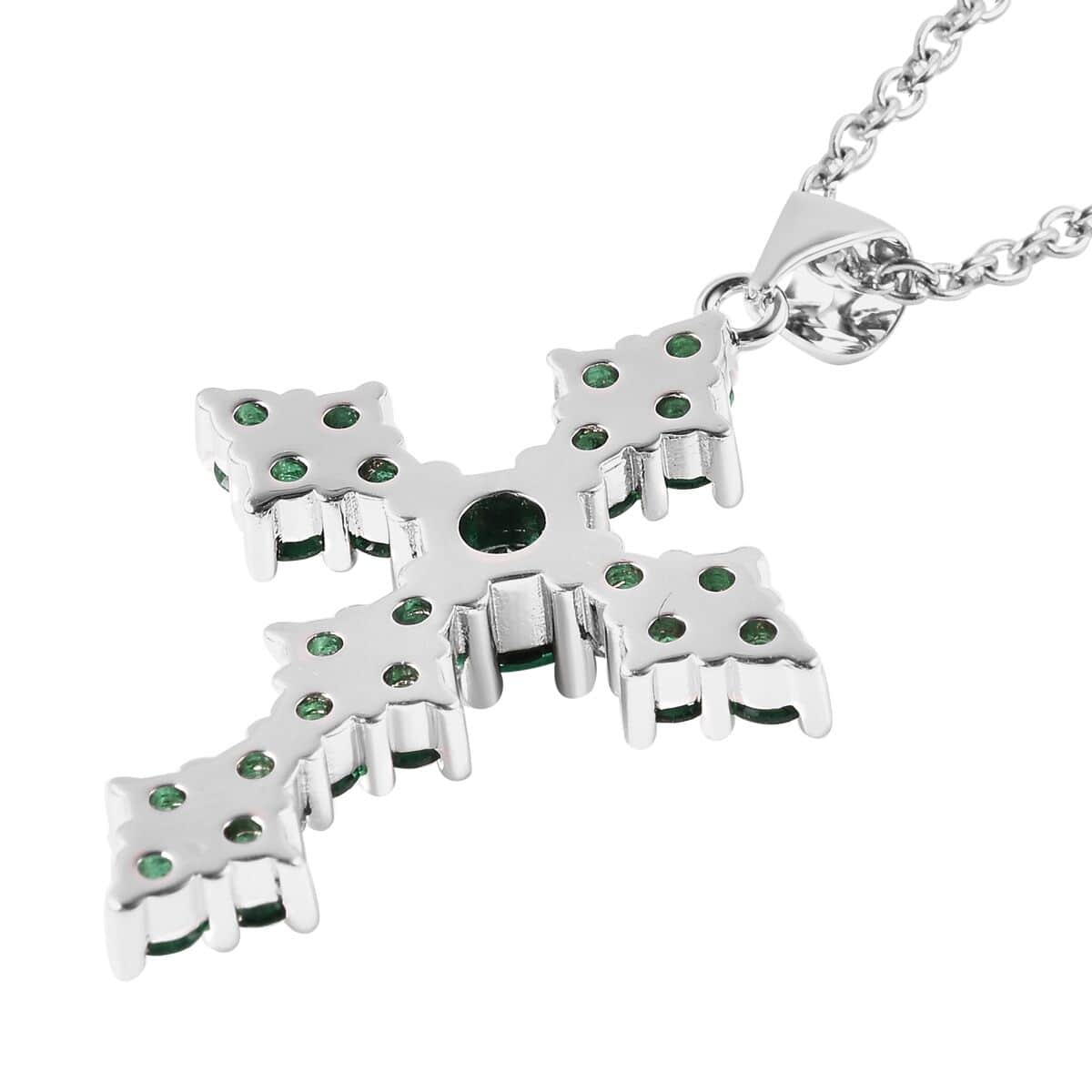 Simulated Green Diamond Cross Pendant in Silvertone with Stainless Steel Necklace 20 Inches image number 4