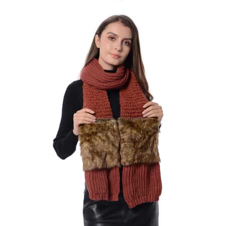 Rusty Orange Acrylic and Polyester Faux Fur Knitted Scarf (80x9 in) image number 1