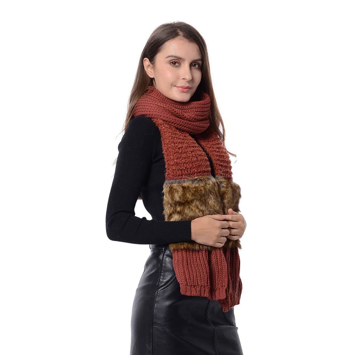 Rusty Orange Acrylic and Polyester Faux Fur Knitted Scarf (80x9 in) image number 2