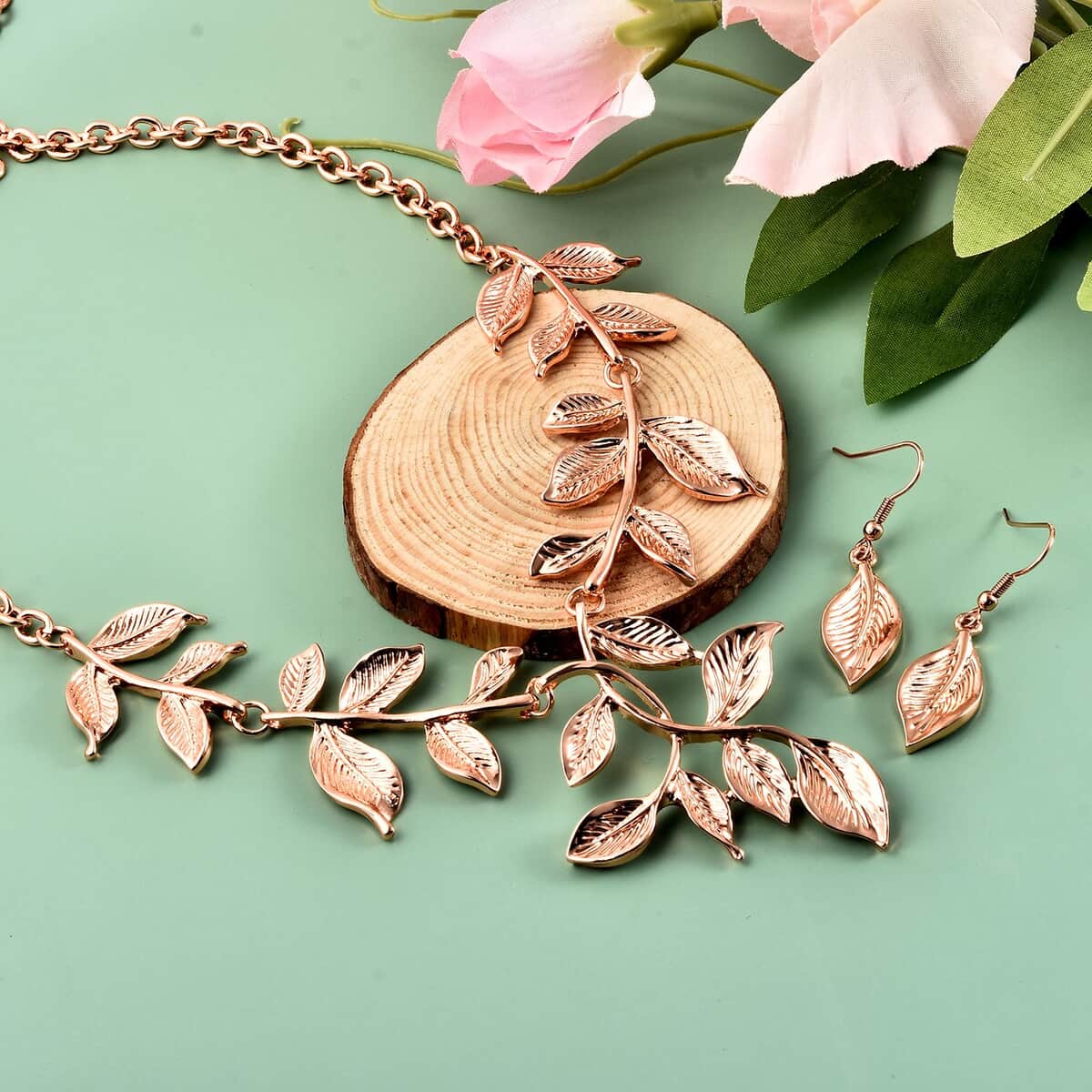 Leaf Earrings and Necklace 22-23 Inches in Rosetone image number 1