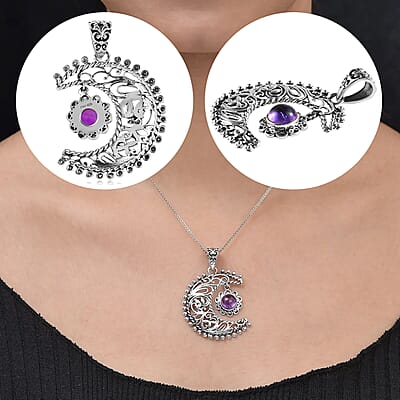 Amethyst Pendant, Sun and Moon Pendant, Celestial Pendant, Artisan Crafted Pendant, Sterling Silver Pendant 1.50 ctw