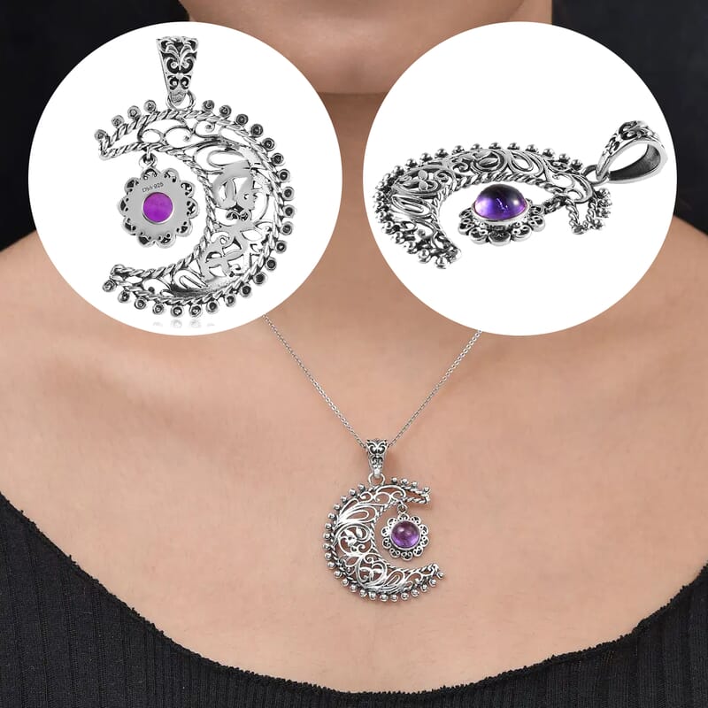 Amethyst Pendant, Sun and Moon Pendant, Celestial Pendant, Artisan Crafted Pendant, Sterling Silver Pendant 1.50 ctw