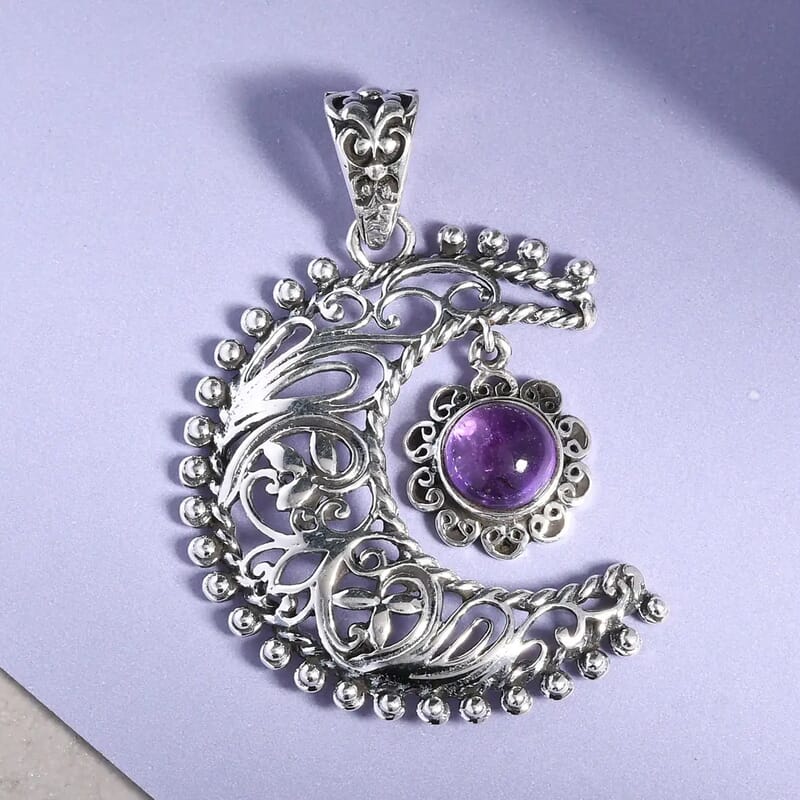 Amethyst Pendant, Sun and Moon Pendant, Celestial Pendant, Artisan Crafted Pendant, Sterling Silver Pendant 1.50 ctw