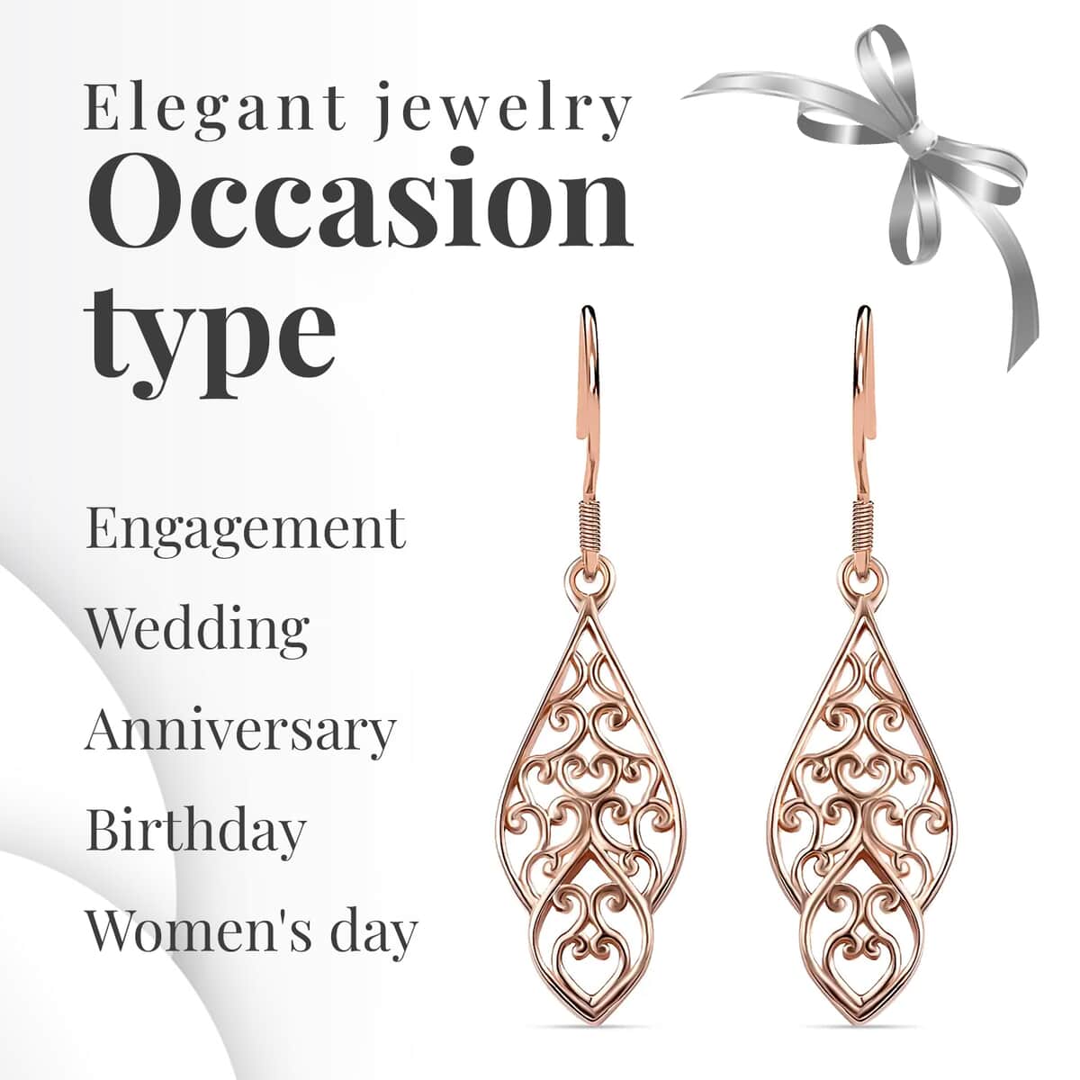 Openwork Dangle Earrings In 14K Rose Gold Plated Sterling Silver, Silver Drop Earrings For Women image number 4