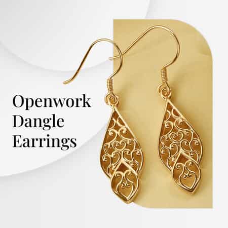 Openwork Dangle Earrings In 14K Yellow Gold Plated Sterling Silver, Silver Drop Earrings For Women image number 2