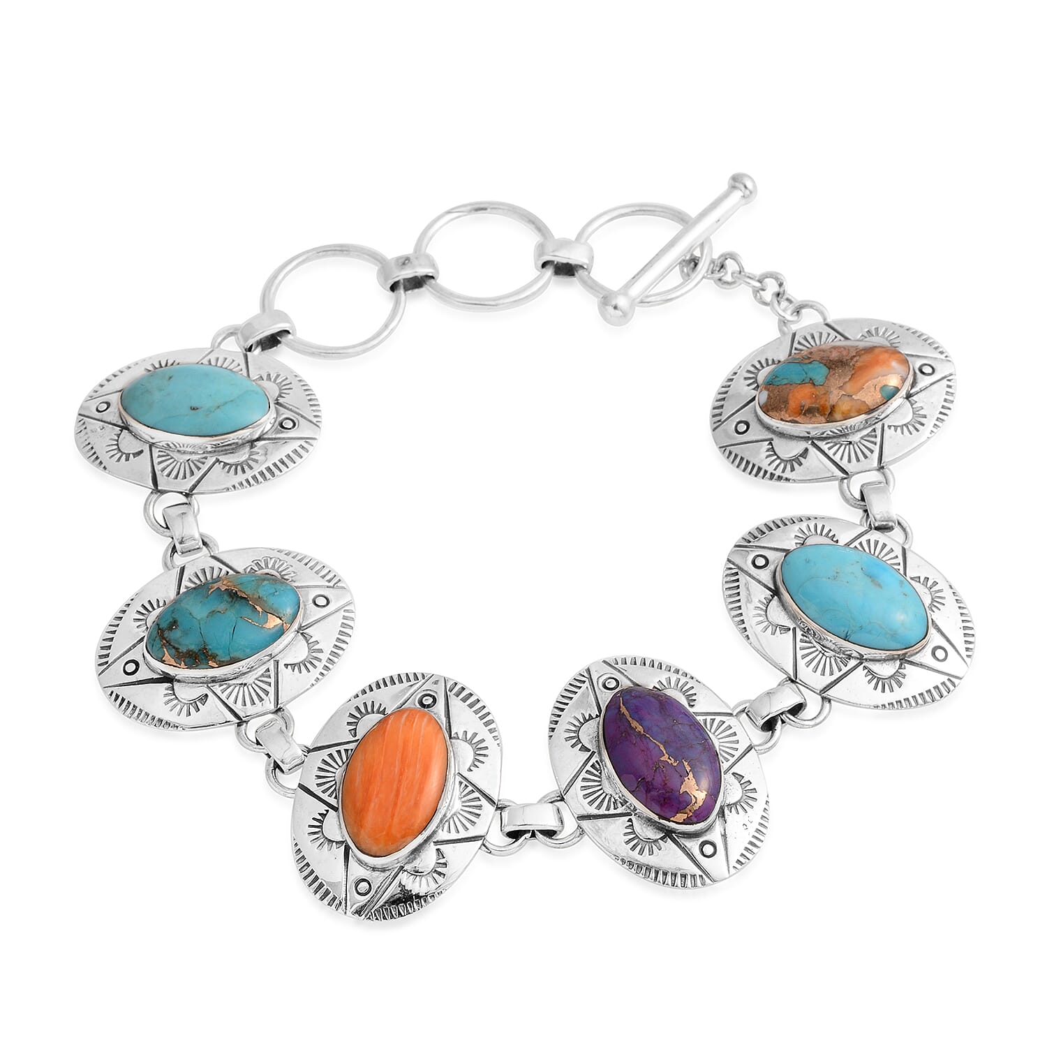 Santa Fe Style Multi Turquoise and Multi Gemstone Toggle Clasp Bracelet (7-8In) in Sterling Silver 22 Grams 9.45 ctw