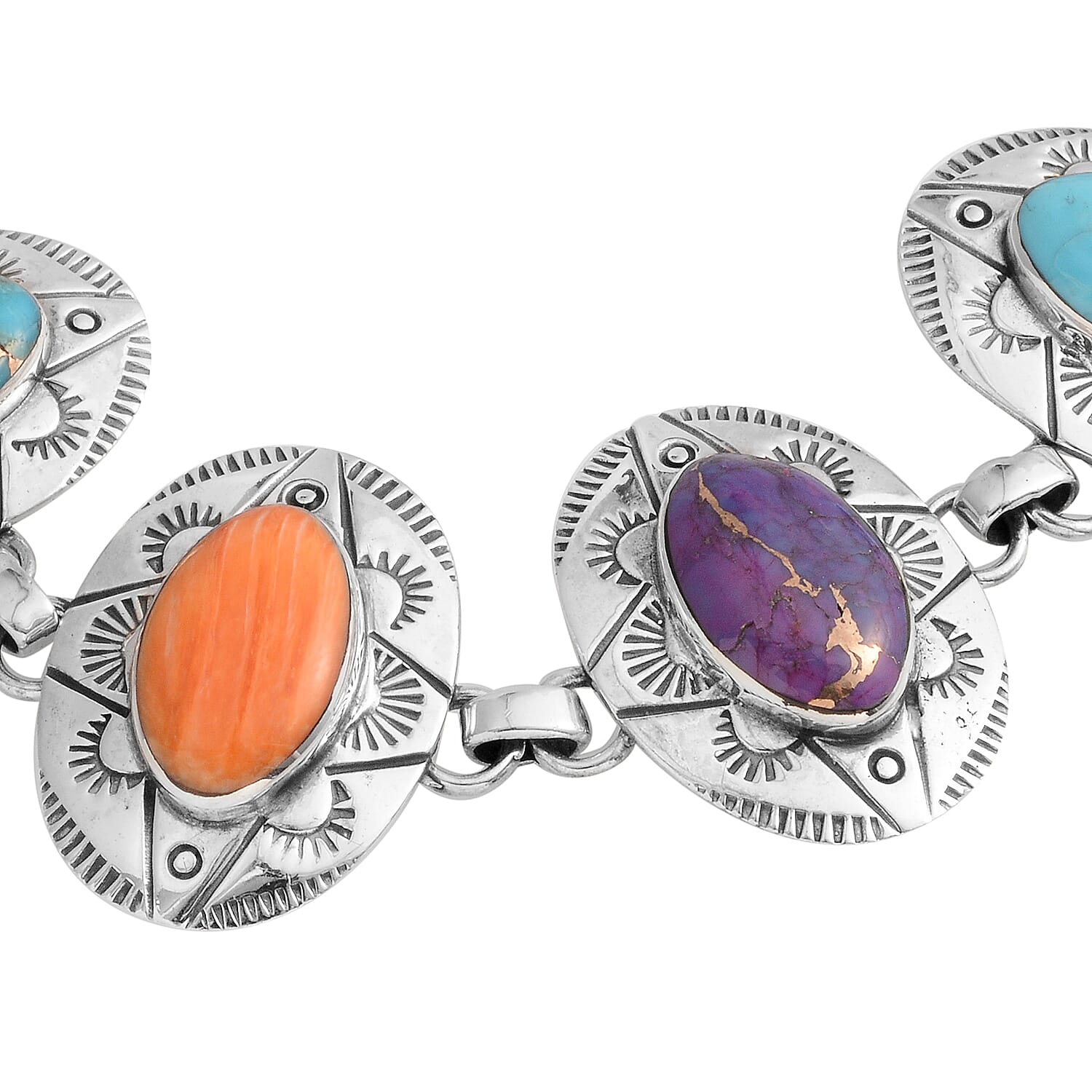 Santa Fe Style Multi Turquoise and Multi Gemstone Toggle Clasp Bracelet (7-8In) in Sterling Silver 22 Grams 9.45 ctw