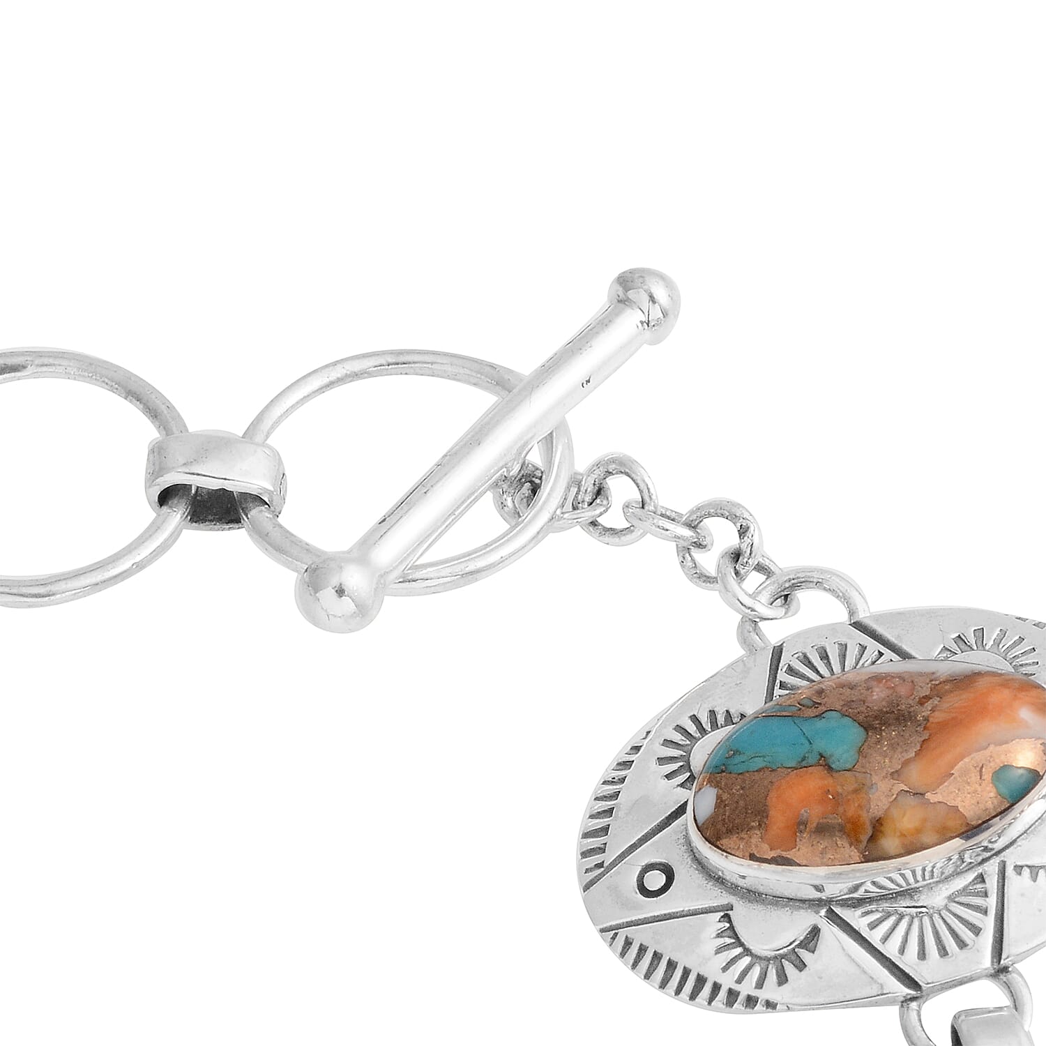 Santa Fe Style Multi Turquoise and Multi Gemstone Toggle Clasp Bracelet (7-8In) in Sterling Silver 22 Grams 9.45 ctw