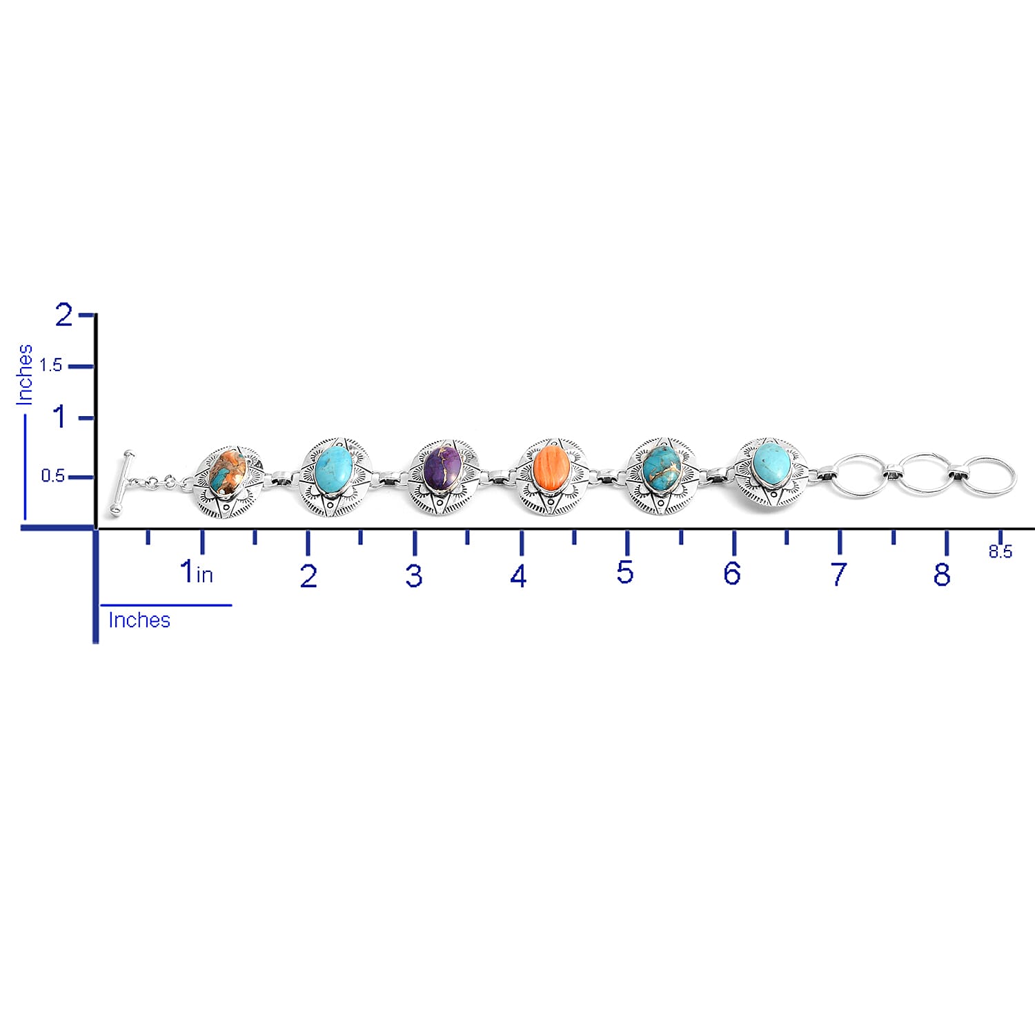Santa Fe Style Multi Turquoise and Multi Gemstone Toggle Clasp Bracelet (7-8In) in Sterling Silver 22 Grams 9.45 ctw