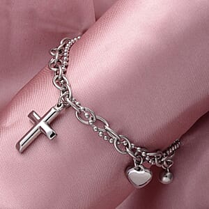 Heart, Cross Charm Bracelet (7.50-9In) in Stainless Steel 