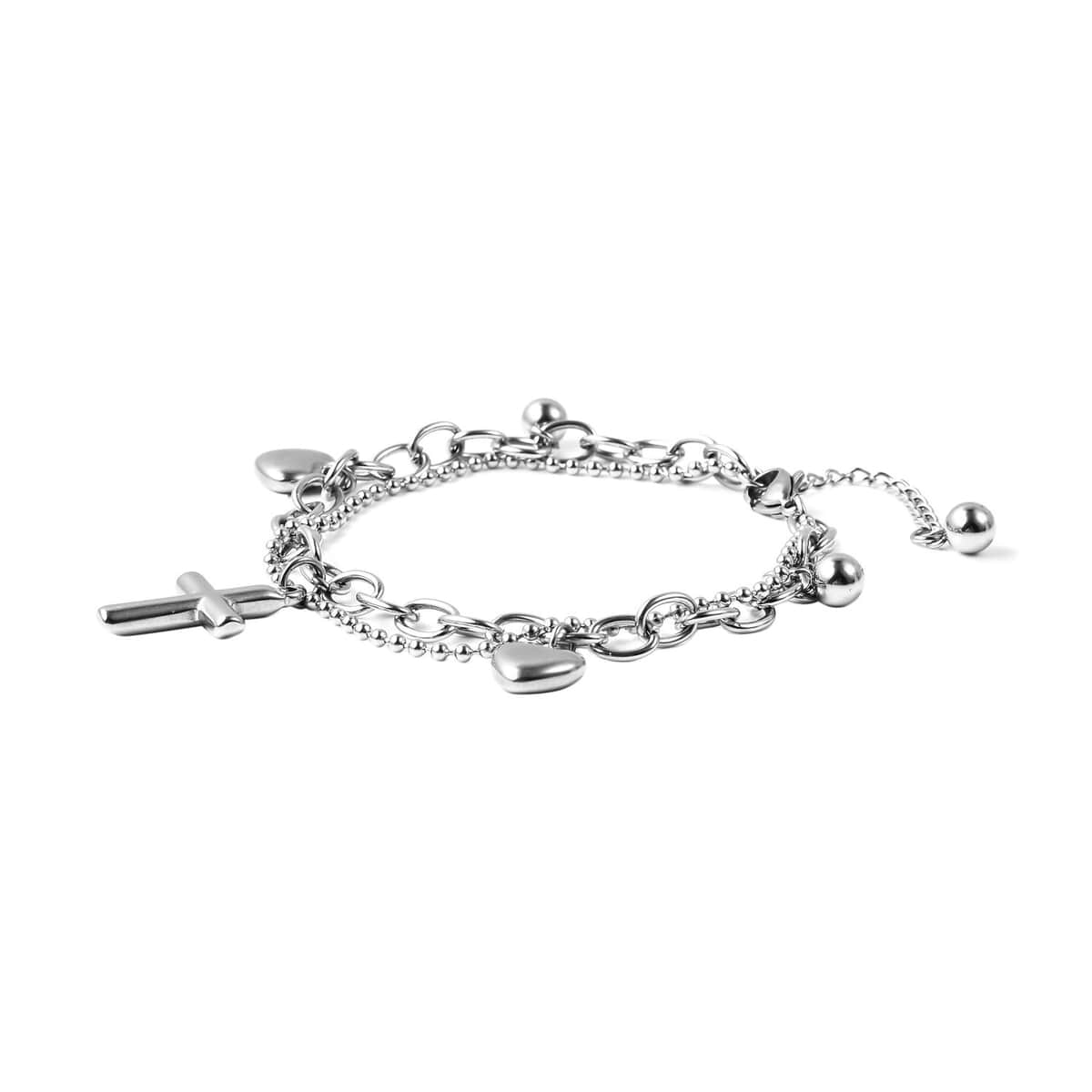 Heart, Cross Charm Bracelet (7.50-9In) in Stainless Steel  image number 3