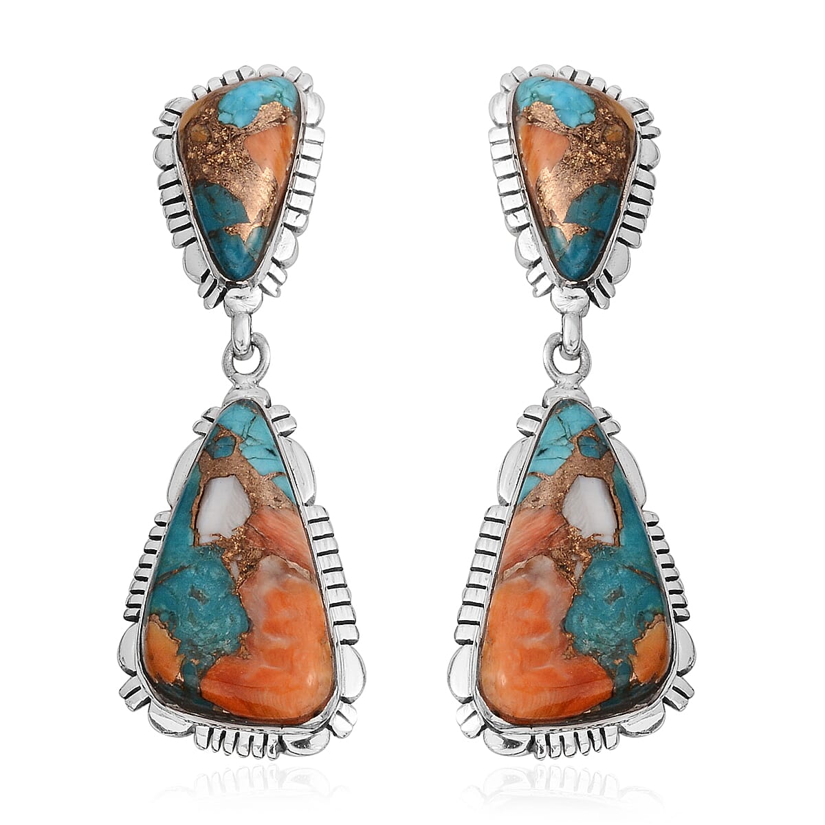Santa Fe Style Spiny Turquoise Earrings in Sterling Silver 8.50 ctw