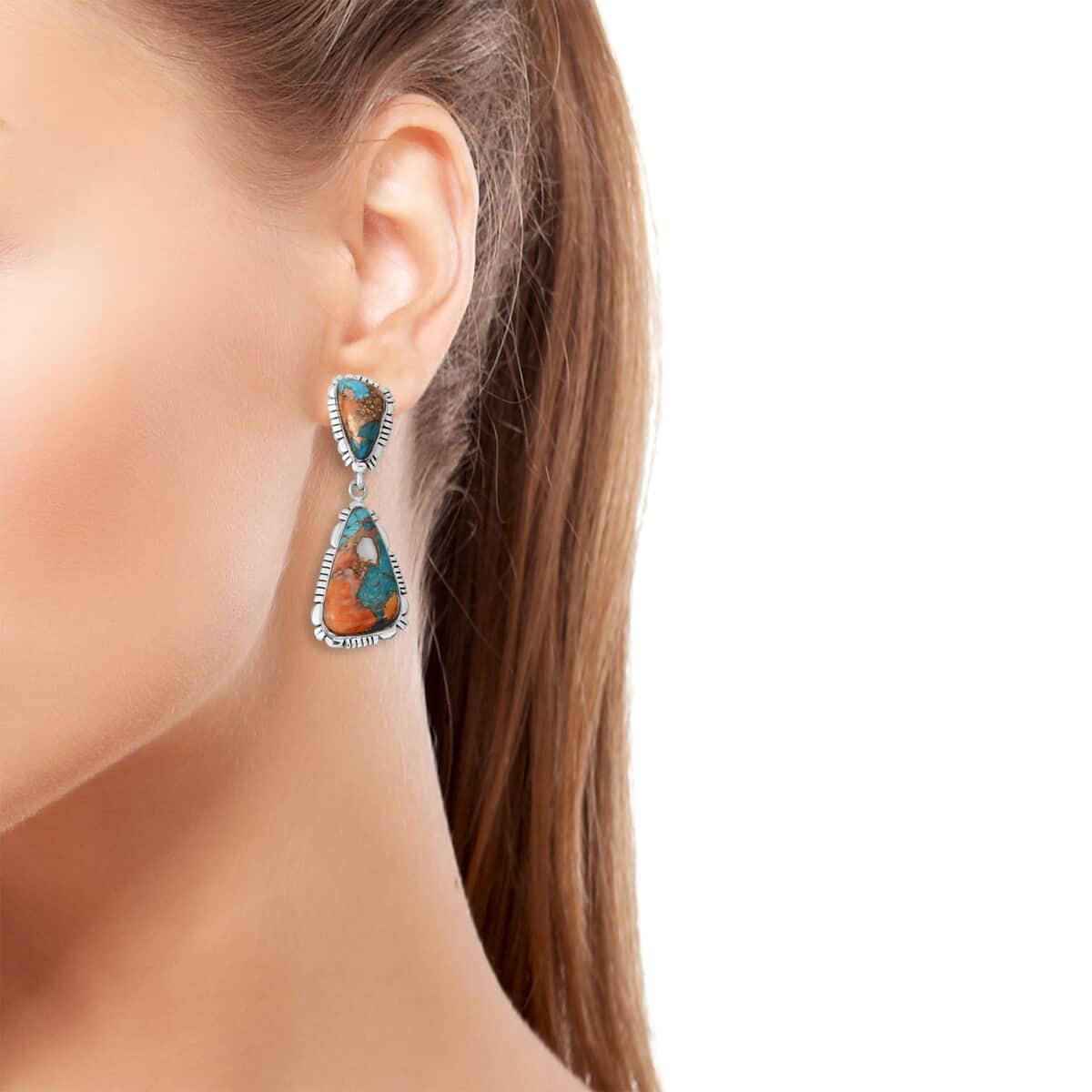 SANTA FE Style Spiny Turquoise Earrings in Sterling Silver 8.50 ctw image number 1