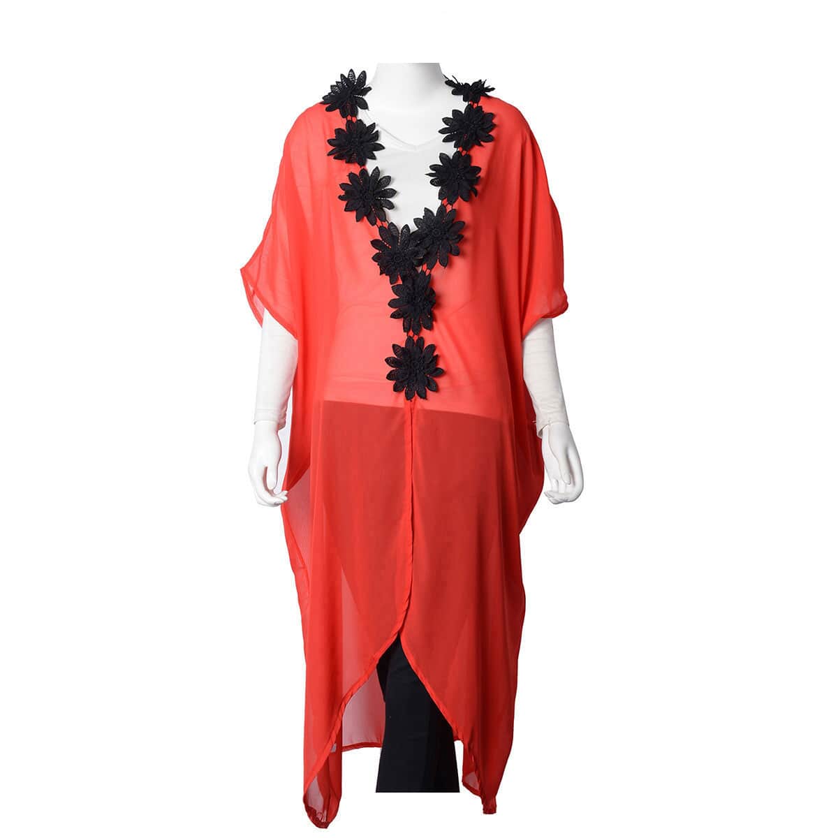 Red Sheer Poncho with Floral Lace Neckline (Polyester) image number 0