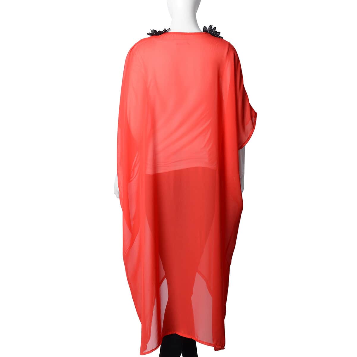 Red Sheer Poncho with Floral Lace Neckline (Polyester) image number 1