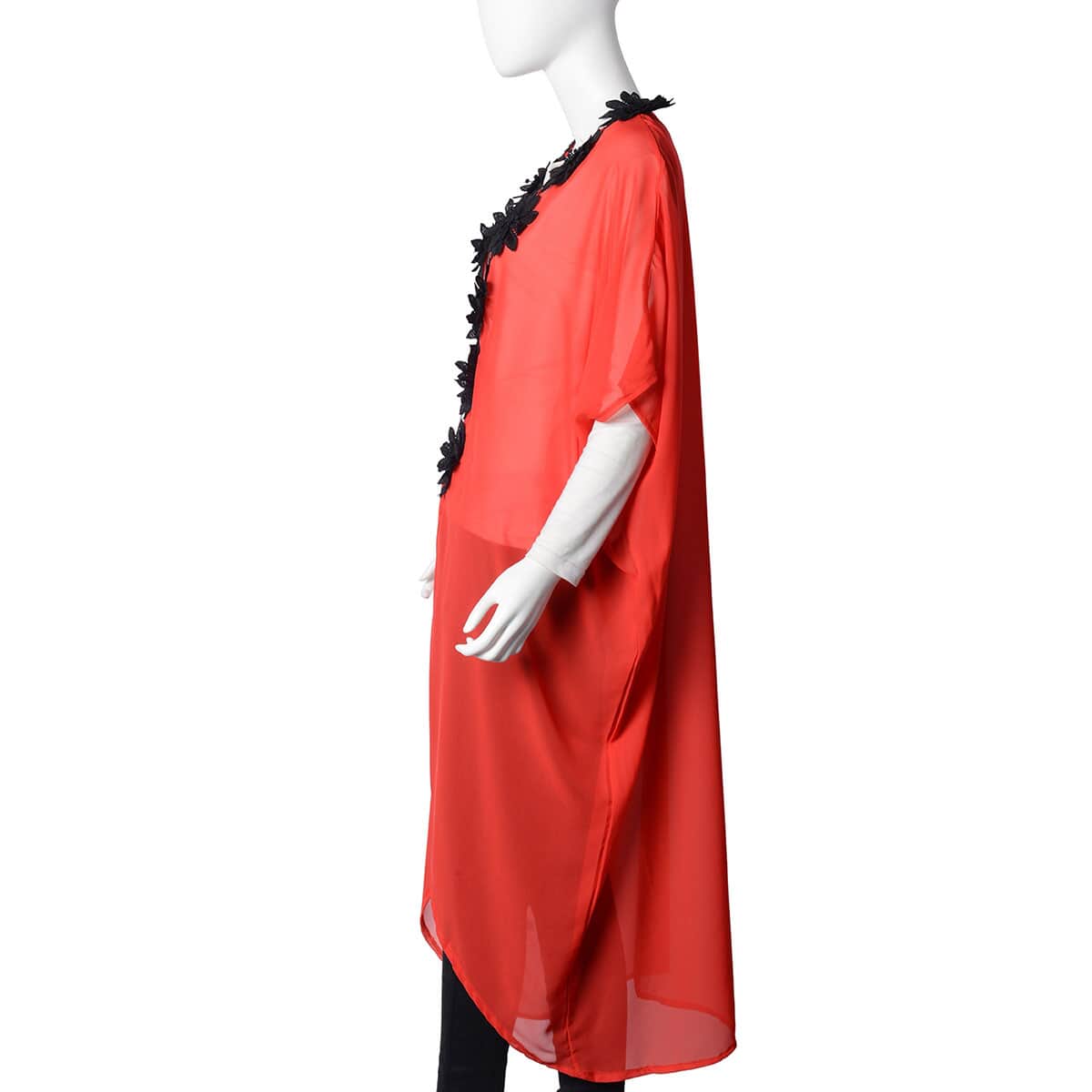 Red Sheer Poncho with Floral Lace Neckline (Polyester) image number 2