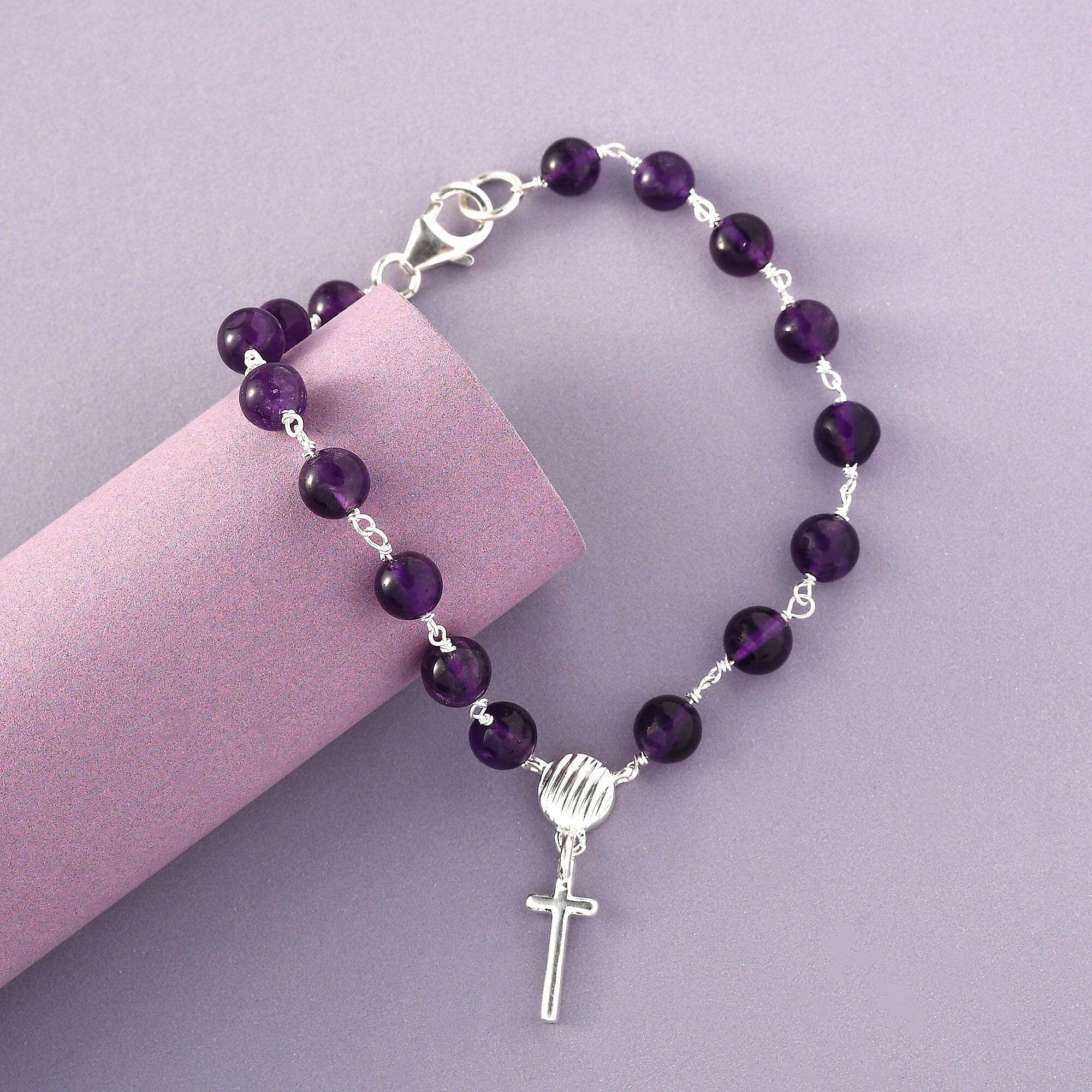 Amethyst Cross Charm Bracelet in Sterling Silver (7.25 In) 24.00 ctw