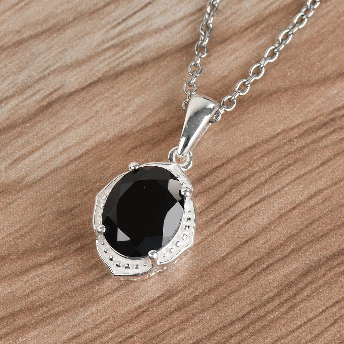 Thai Black Spinel Pendant in Sterling Silver with Stainless Steel Necklace 20 Inches 3.35 ctw image number 2
