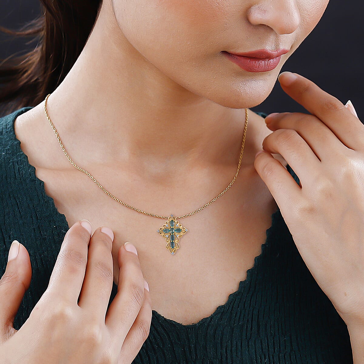 Grandidierite and Cambodian Zircon Necklace in Vermeil YG Over Sterling Silver, Cross Pendant 1.50 ctw (20 in) image number 1