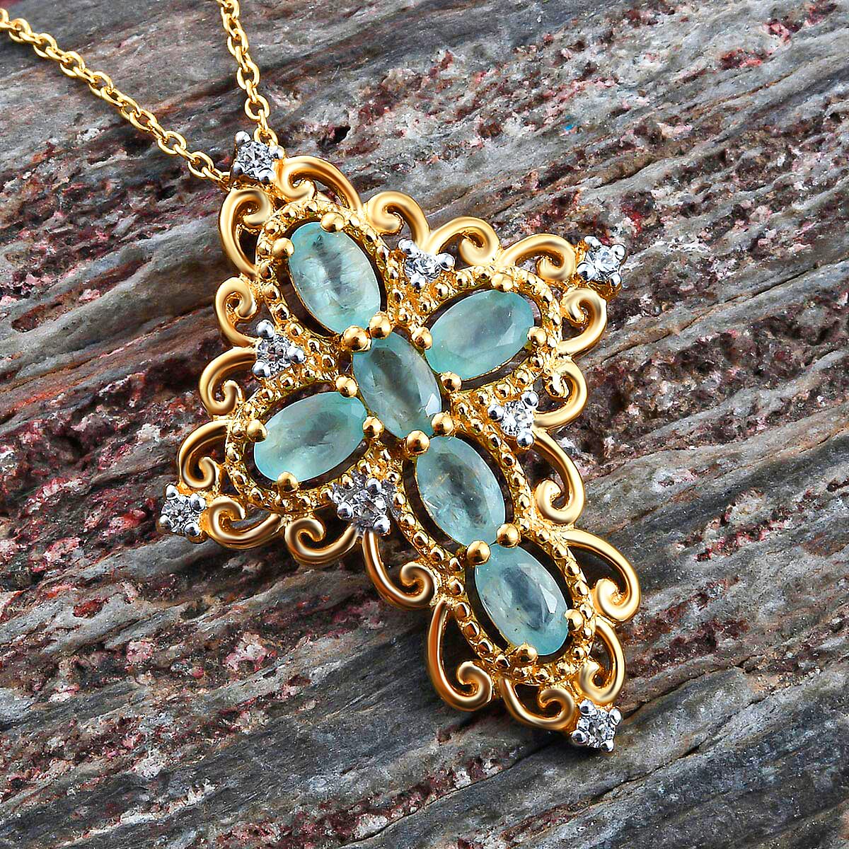 Grandidierite and Cambodian Zircon Necklace in Vermeil YG Over Sterling Silver, Cross Pendant 1.50 ctw (20 in) image number 2