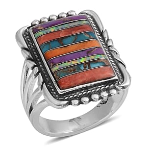 Santa Fe Style Multi Turquoise and Multi Gemstone Ring in Sterling Silver (Size 10.0) 1.50 ctw