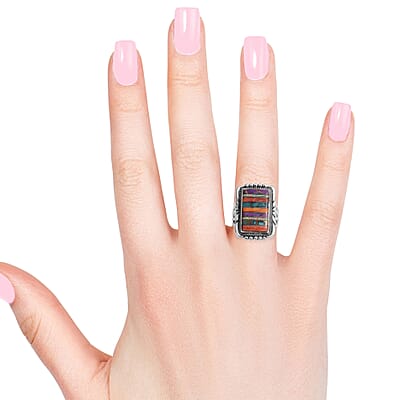 Santa Fe Style Multi Turquoise and Multi Gemstone Ring in Sterling Silver (Size 10.0) 1.50 ctw