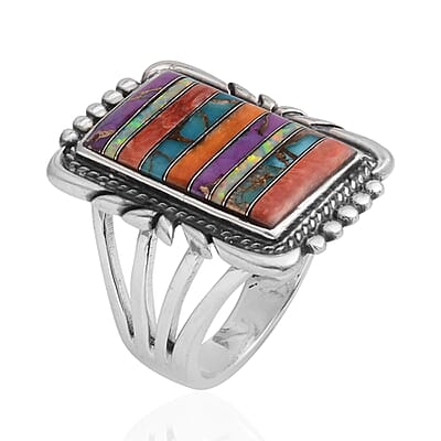 Santa Fe Style Multi Turquoise and Multi Gemstone Ring in Sterling Silver (Size 10.0) 1.50 ctw