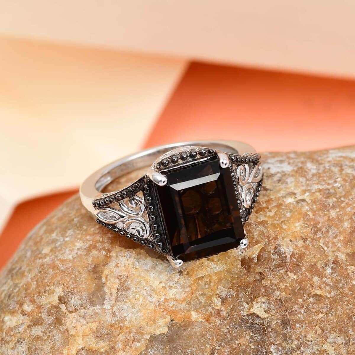 Brazilian Smoky Quartz Solitaire Ring in Platinum Over Sterling Silver (Size 8.0) 3.65 ctw image number 4