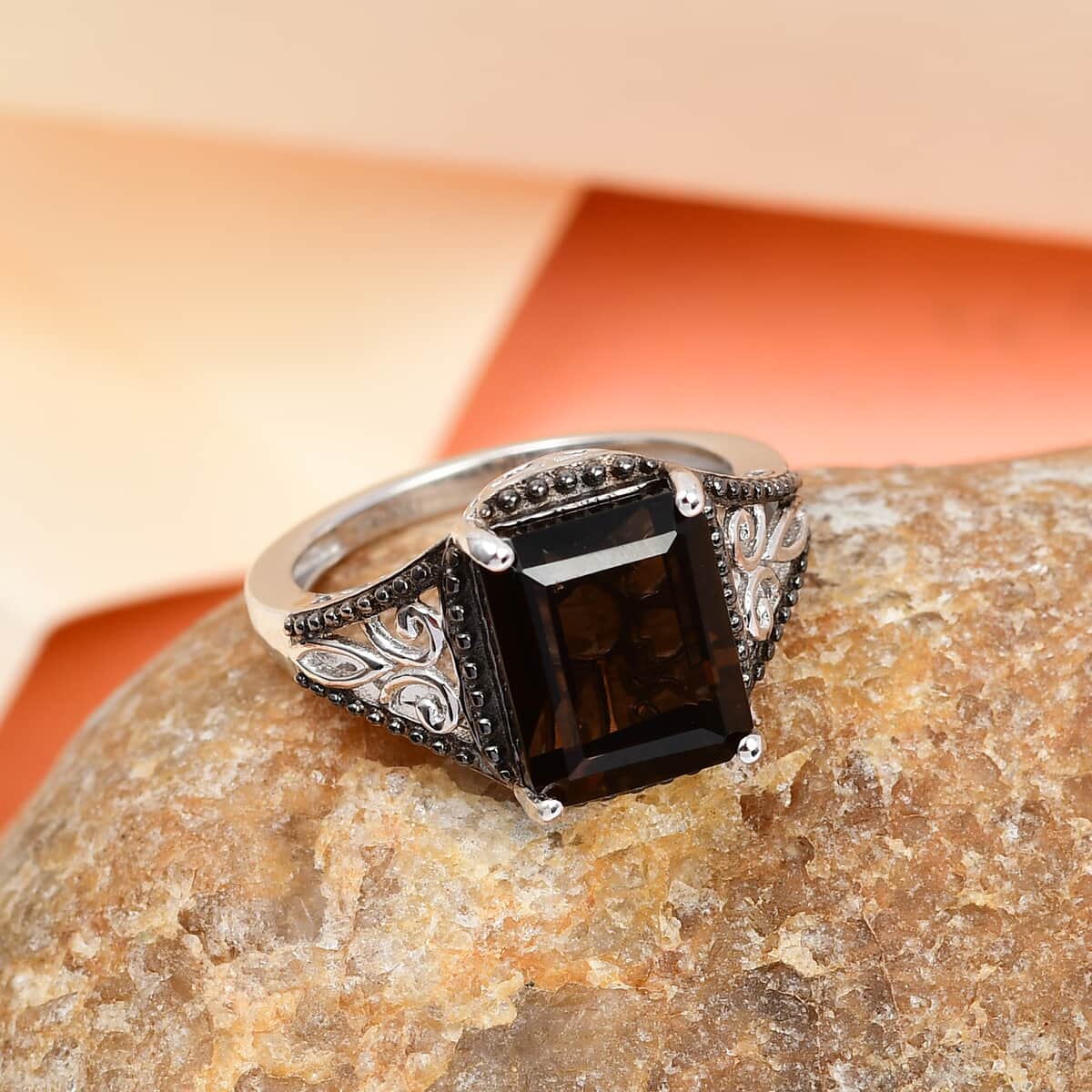 Brazilian Smoky Quartz Solitaire Ring in Platinum Over Sterling Silver (Size 9.0) 3.65 ctw image number 4
