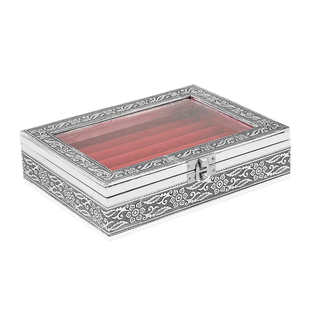 Handcrafted Floral Engraved Aluminium Ring Box with Red Scratch Protection Interior image number 1